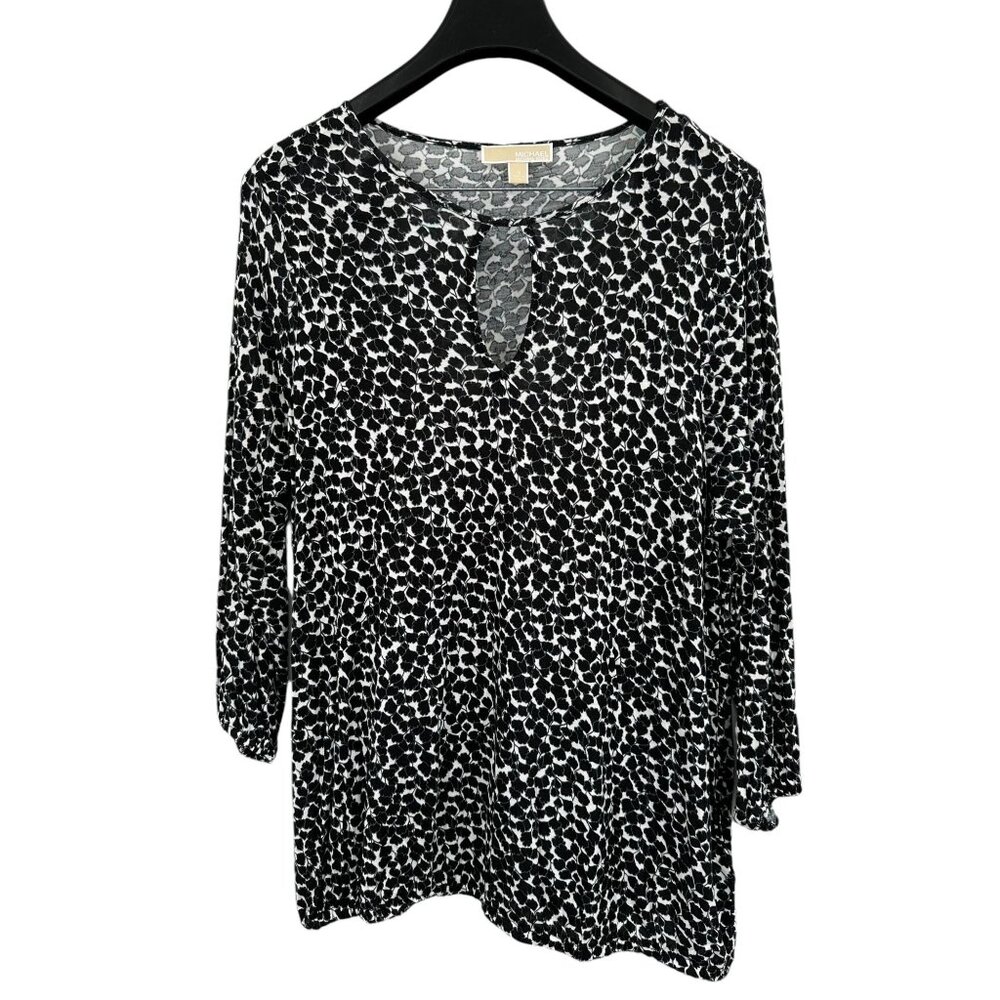Michael Kors Womens 1X Animal Print Top Long Sleeve Viscose Blouse Black & White